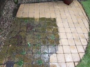 This image shows how effective jet washing cleans a patio or drive